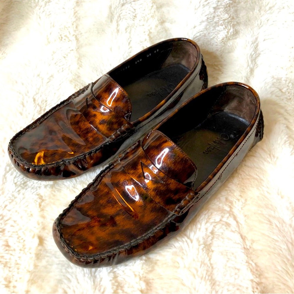 Cole Haan Trillby driver brown patent leopard print loafers 8.5 feels like 8